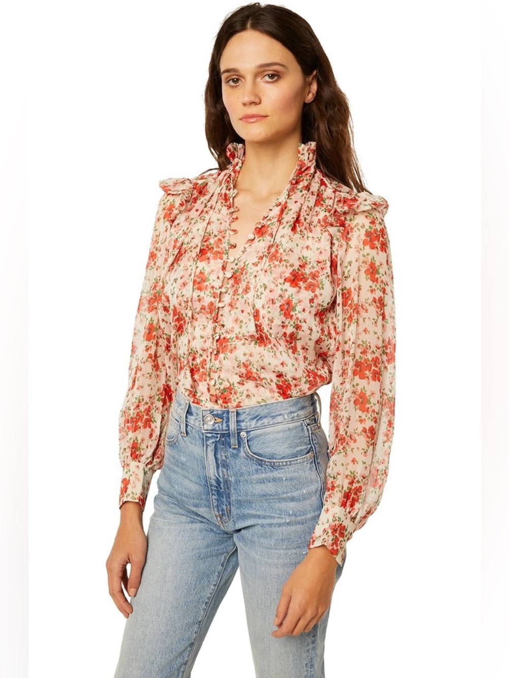 Misa Analeigh Floral Ruffle V-Neck Long Sleeve Blouse - Coral Floral